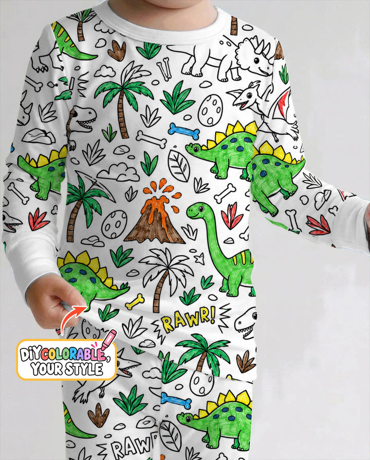 Dinosaur Prehistoric Adventure Colorable Bamboo Two Piece Long Sleeve Pajama Set