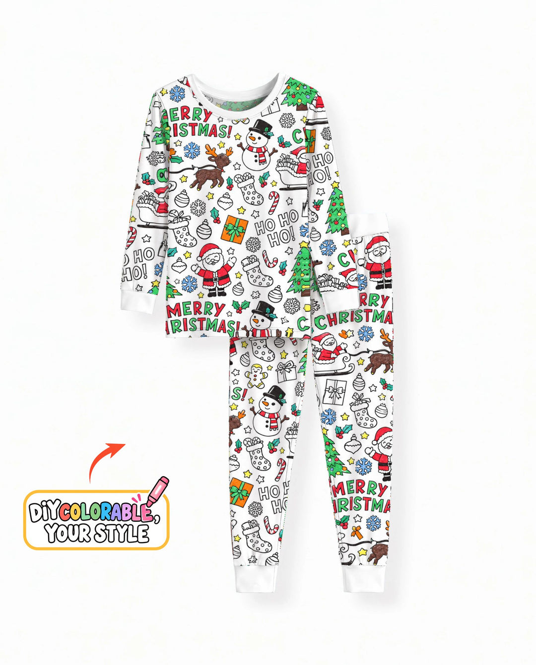 Merry Christmas Doodle Party Colorable Bamboo Two Piece Long Sleeve Pajama Set