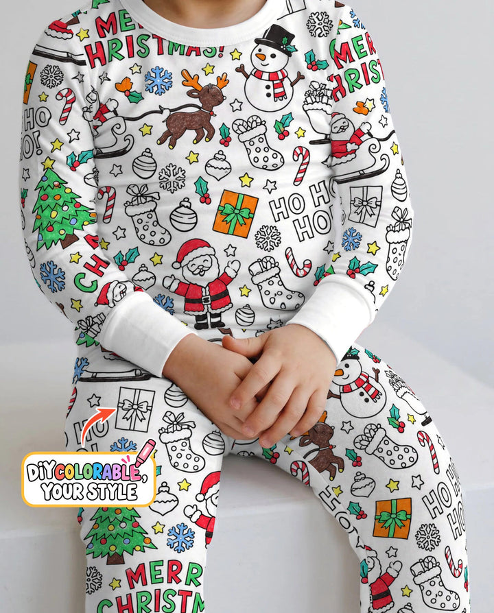 Merry Christmas Doodle Party Colorable Bamboo Two Piece Long Sleeve Pajama Set