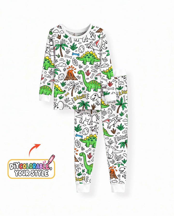 Dinosaur Prehistoric Adventure Colorable Bamboo Two Piece Long Sleeve Pajama Set