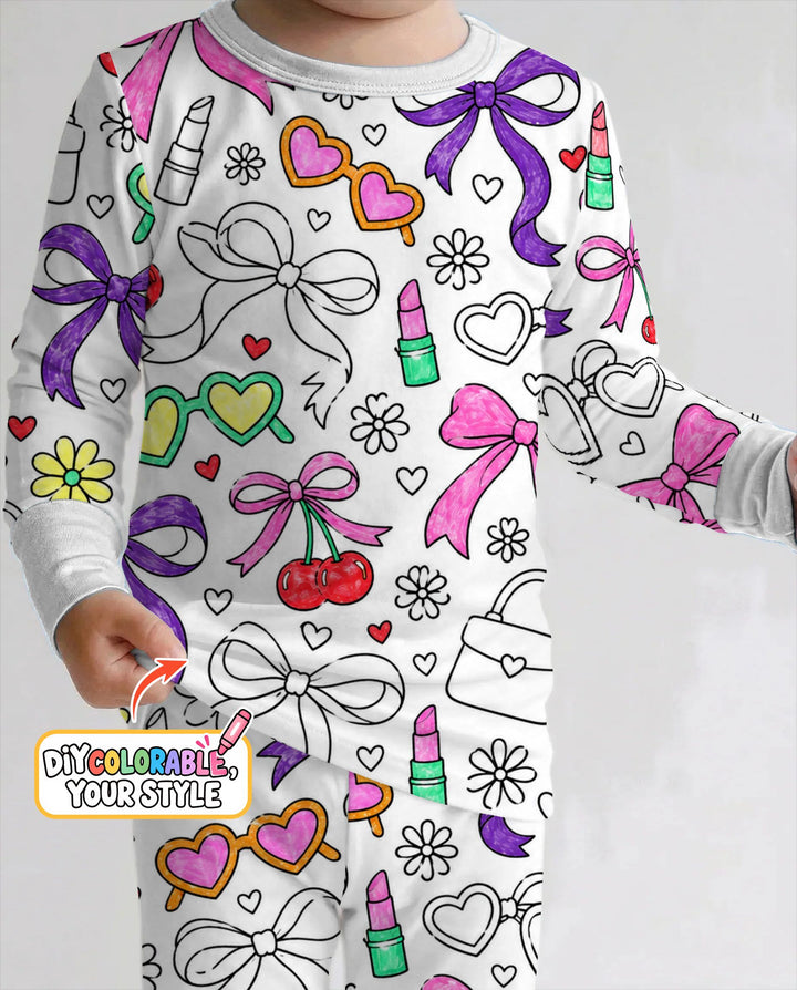 Girly Bows & Cherries Doodles Colorable Bamboo Two Piece Long Sleeve Pajama Set