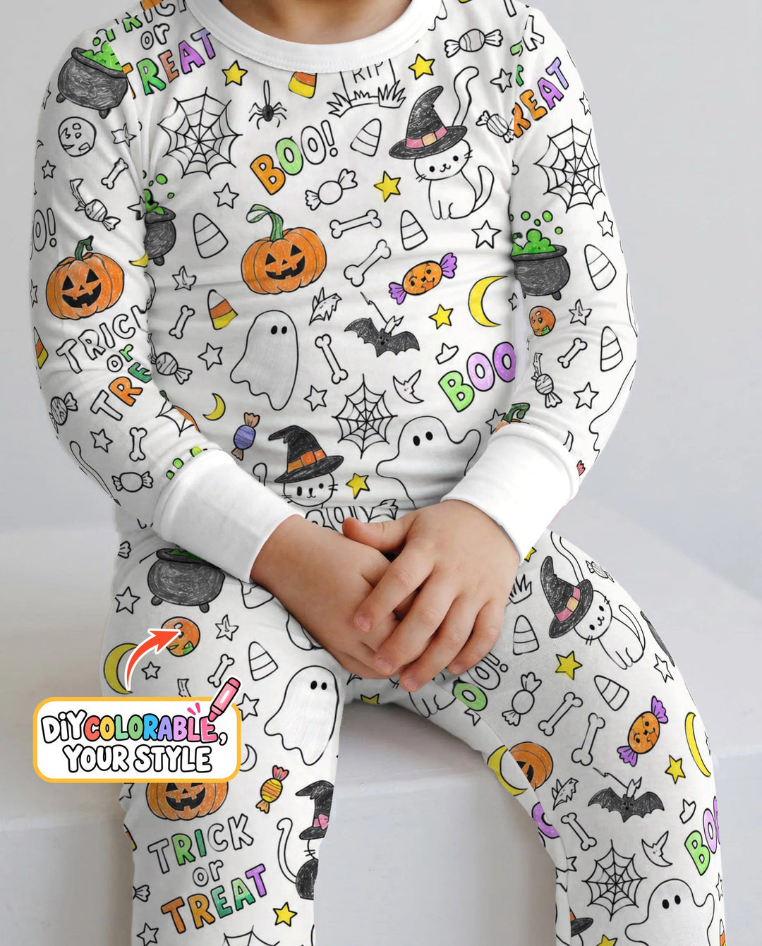 Trick or Treat Halloween Doodles Colorable Bamboo Two Piece Long Sleeve Pajama Set