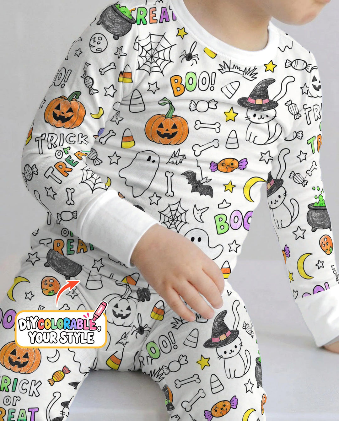 Trick or Treat Halloween Doodles Colorable Bamboo Two Piece Long Sleeve Pajama Set