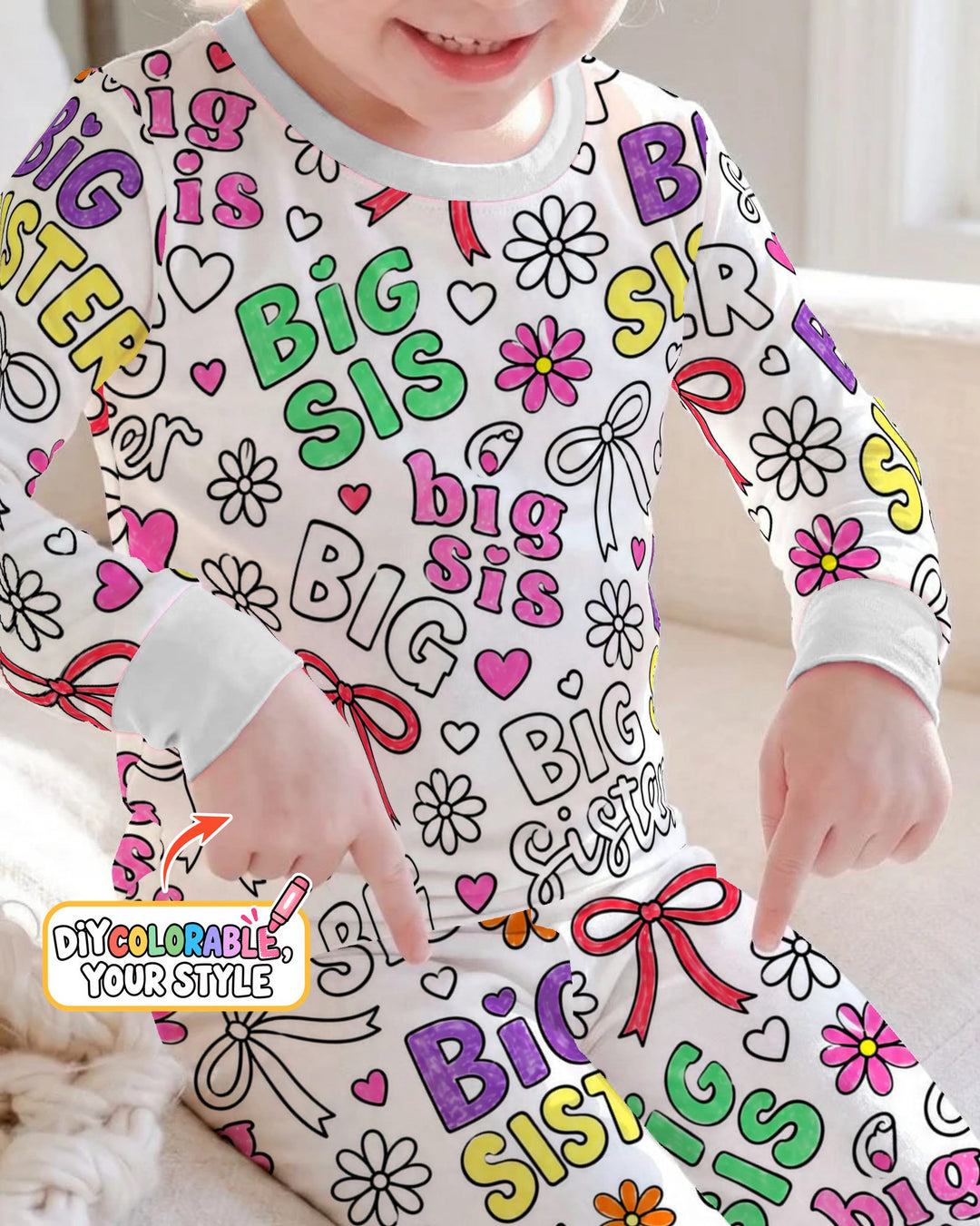 Big Sister Bows & Flowers Colorable Bamboo Two Piece Long Sleeve Pajama Set