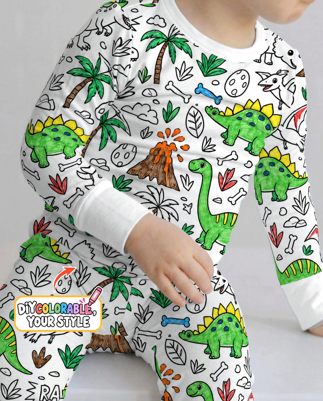 Dinosaur Prehistoric Adventure Colorable Bamboo Two Piece Long Sleeve Pajama Set