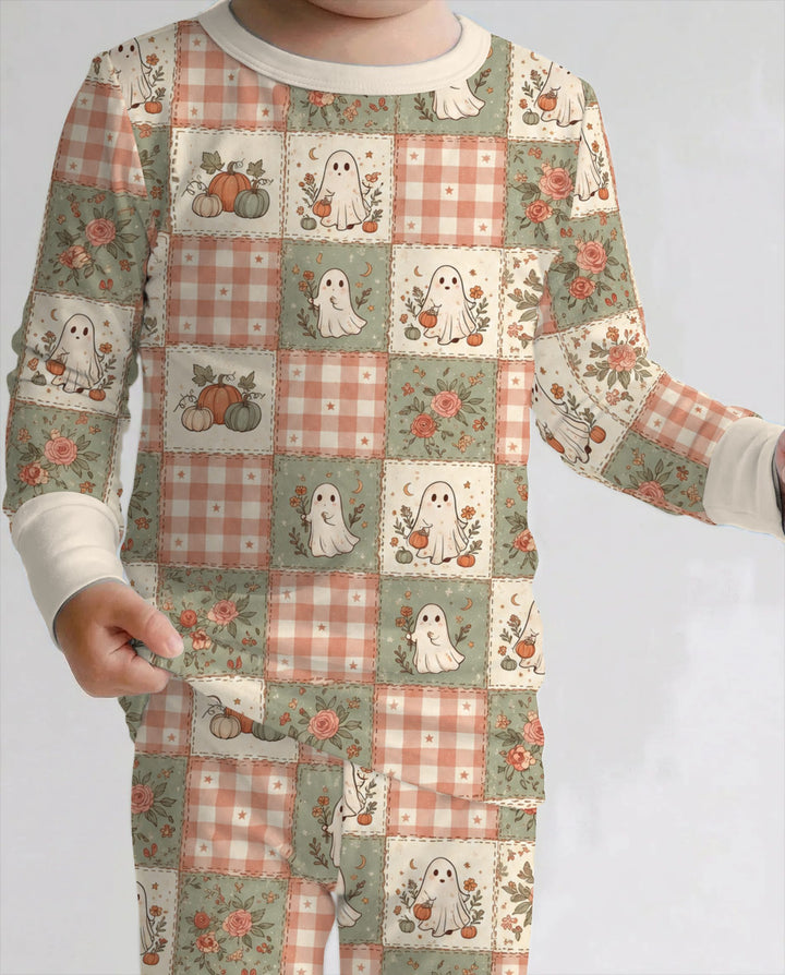 Vintage Ghost Pumpkin Patchwork Bamboo Two Piece Long Sleeve Pajama Set