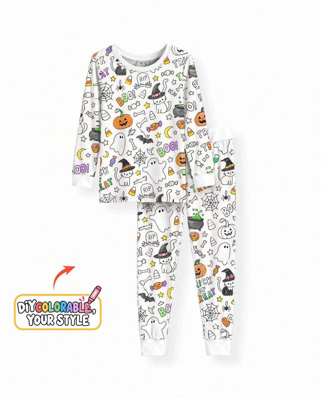 Trick or Treat Halloween Doodles Colorable Bamboo Two Piece Long Sleeve Pajama Set