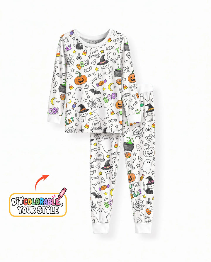 Trick or Treat Halloween Doodles Colorable Bamboo Two Piece Long Sleeve Pajama Set