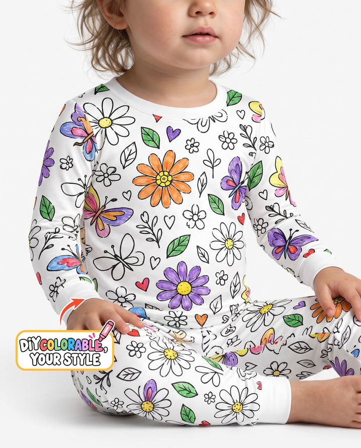 Butterfly Daisy Garden Doodles Colorable Bamboo Two Piece Long Sleeve Pajama Set