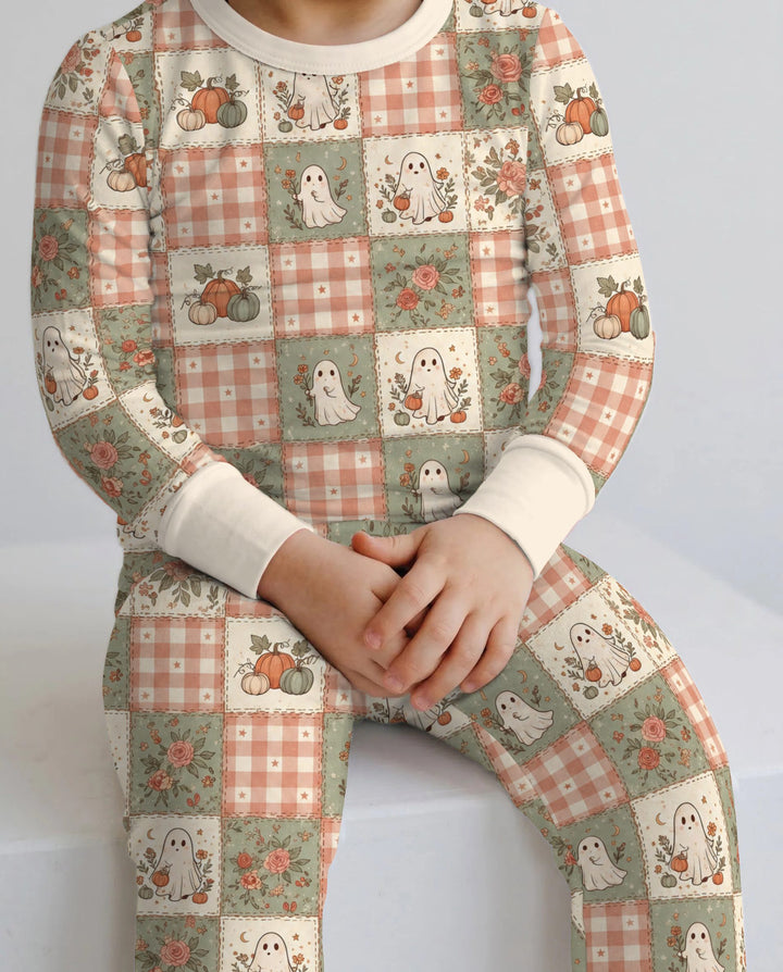 Vintage Ghost Pumpkin Patchwork Bamboo Two Piece Long Sleeve Pajama Set
