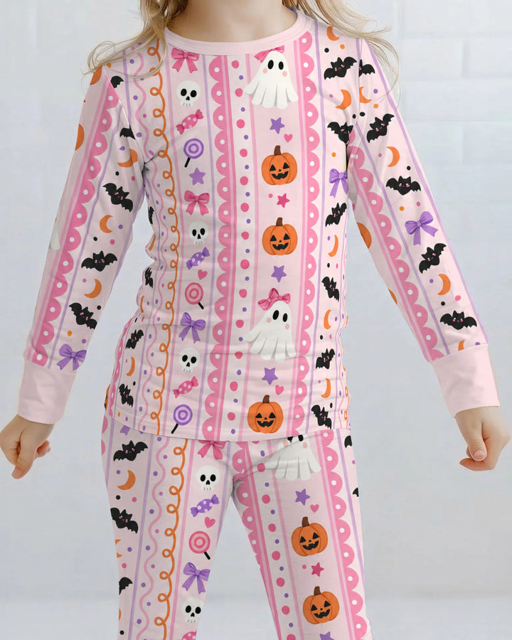 Coquette Ghost Halloween Stripes Bamboo Two Piece Long Sleeve Pajama Set