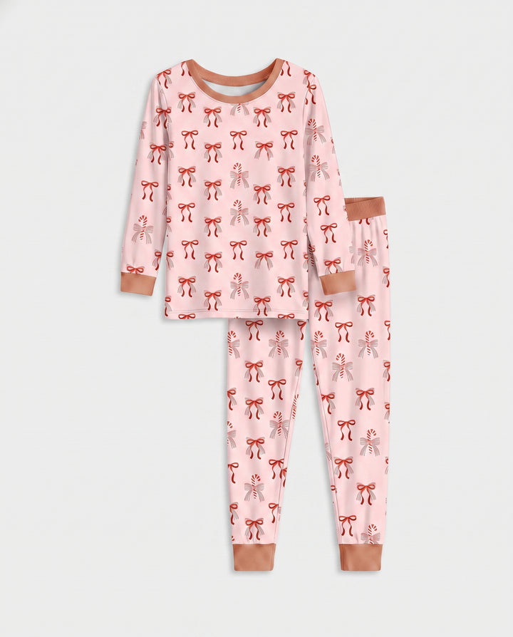 Candy Cane Bow Delight Bamboo Two Piece Long Sleeve Pajama Set