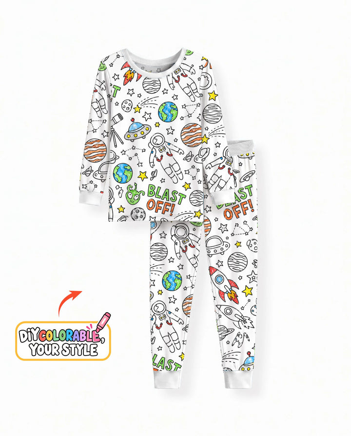 Blast Off Space Adventure Colorable Bamboo Two Piece Long Sleeve Pajama Set
