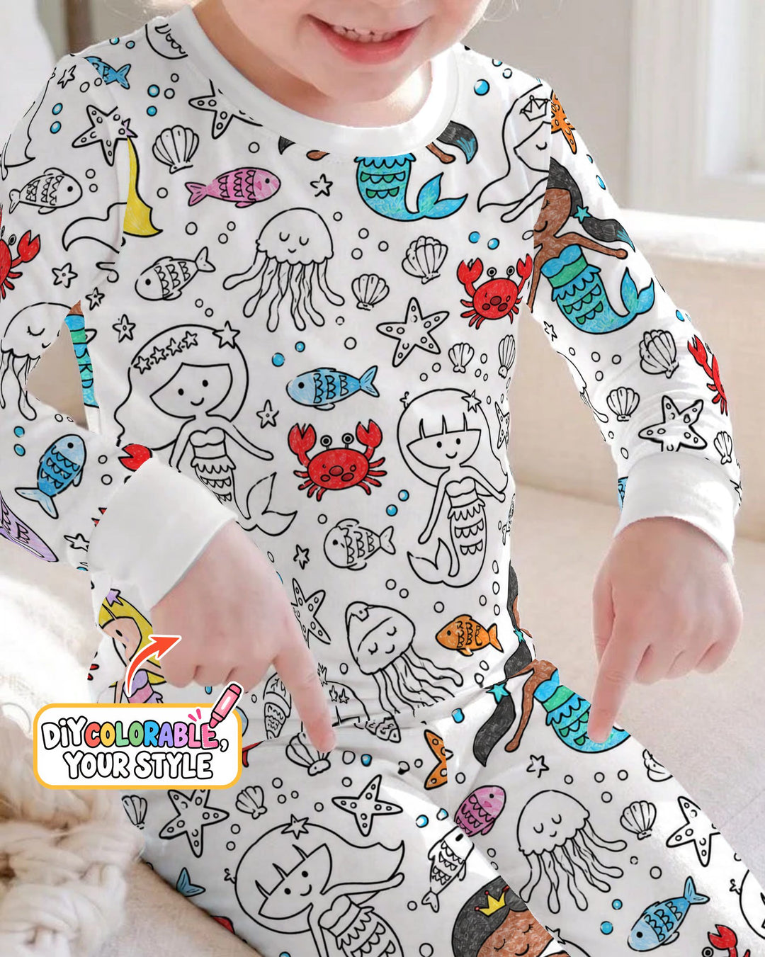 Under the Sea Mermaid Doodles Colorable Bamboo Two Piece Long Sleeve Pajama Set