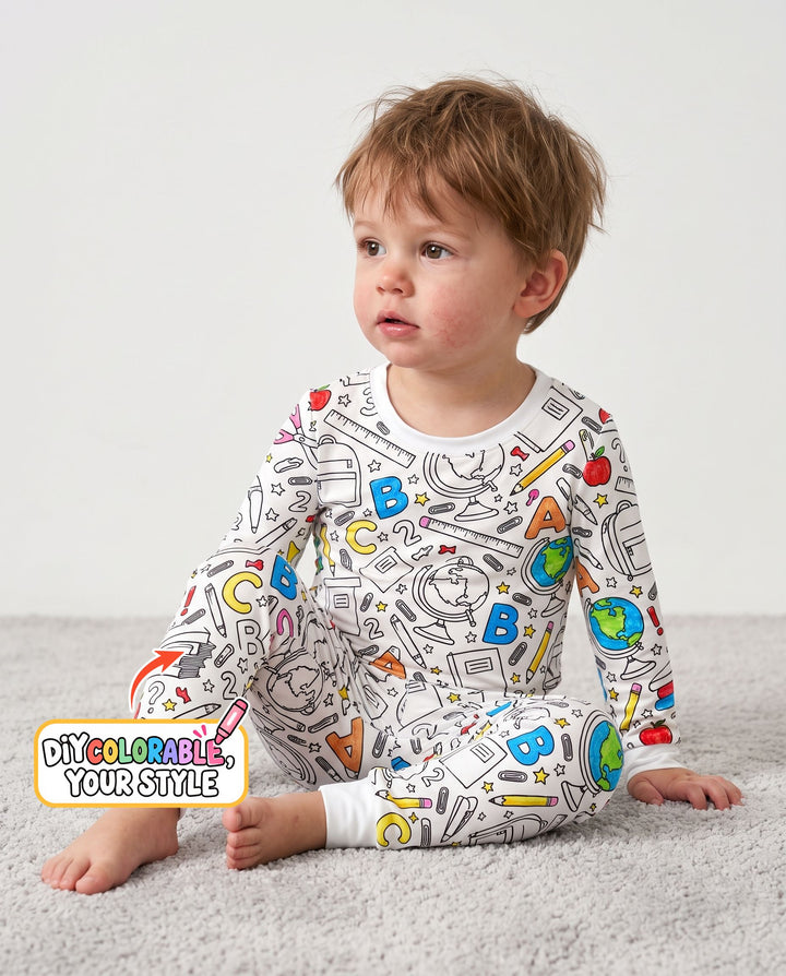 Back to School Doodle Supplies Colorable Bamboo Two Piece Long Sleeve Pajama Set