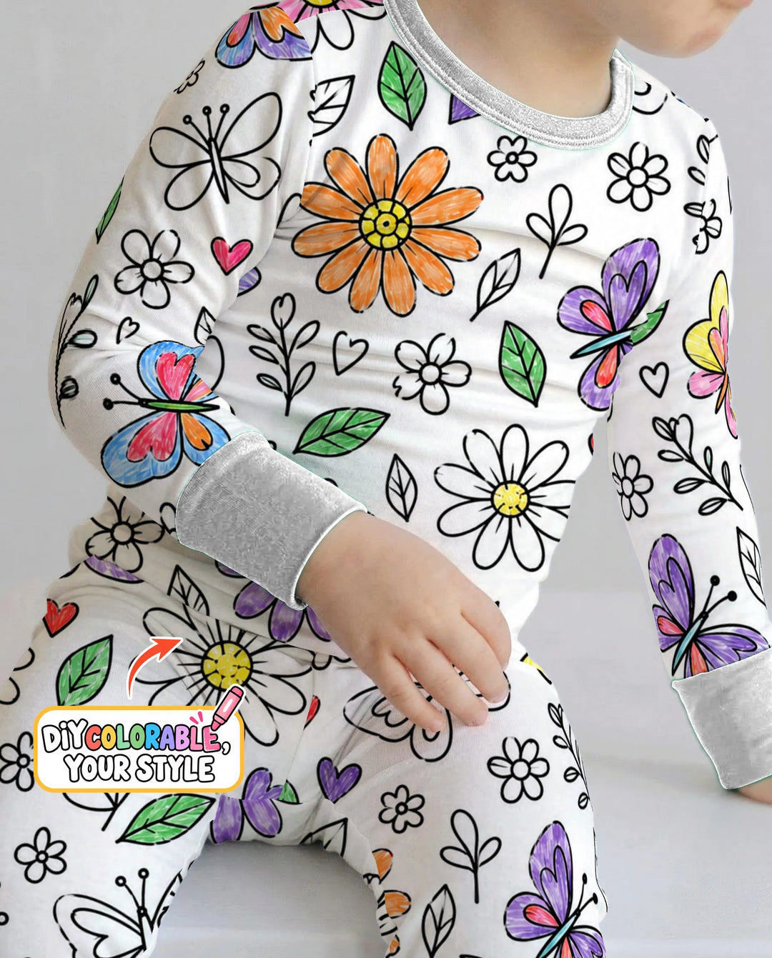 Butterfly Daisy Garden Doodles Colorable Bamboo Two Piece Long Sleeve Pajama Set