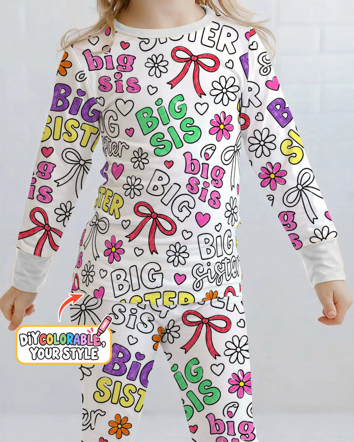 Big Sister Bows & Flowers Colorable Bamboo Two Piece Long Sleeve Pajama Set
