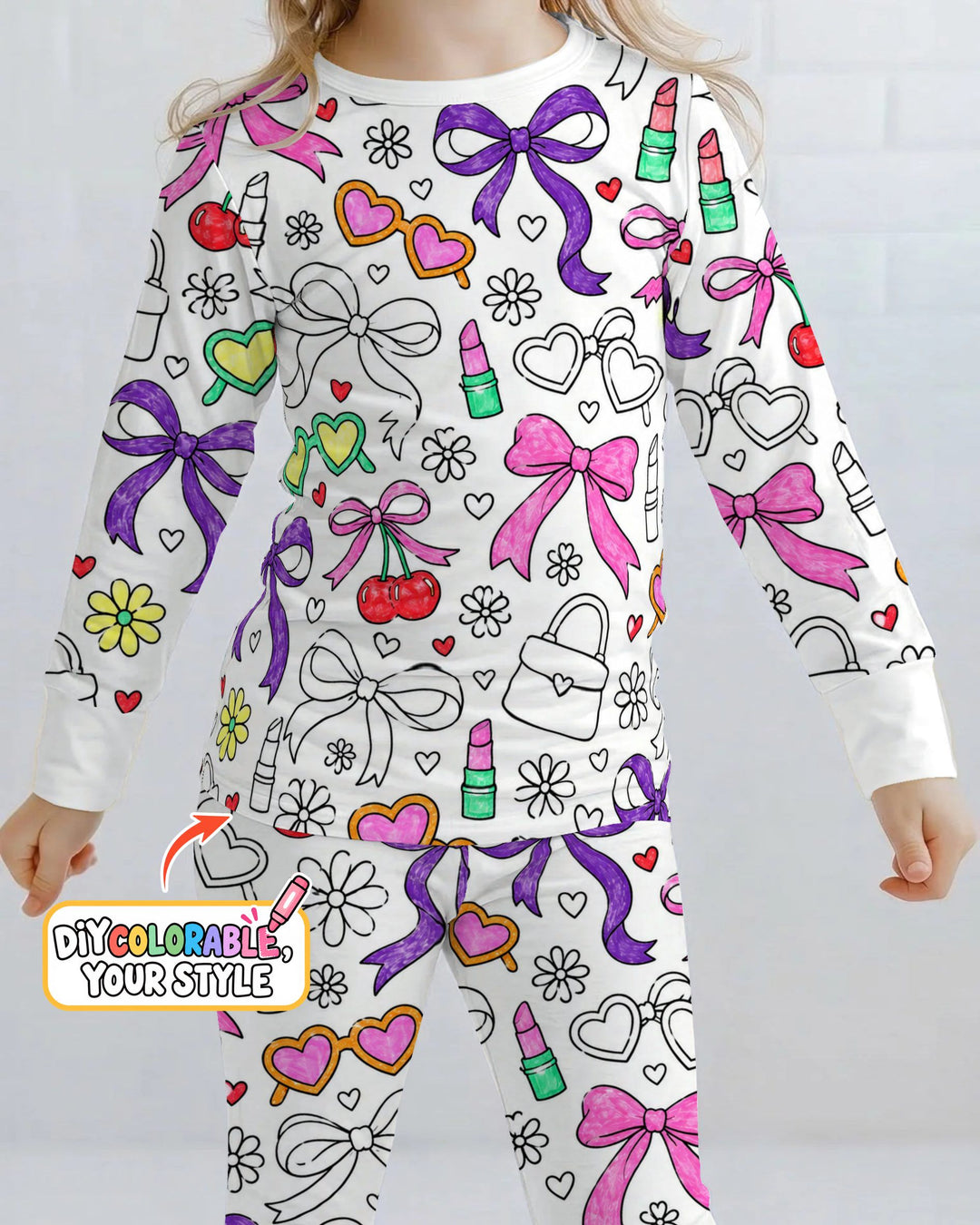 Girly Bows & Cherries Doodles Colorable Bamboo Two Piece Long Sleeve Pajama Set
