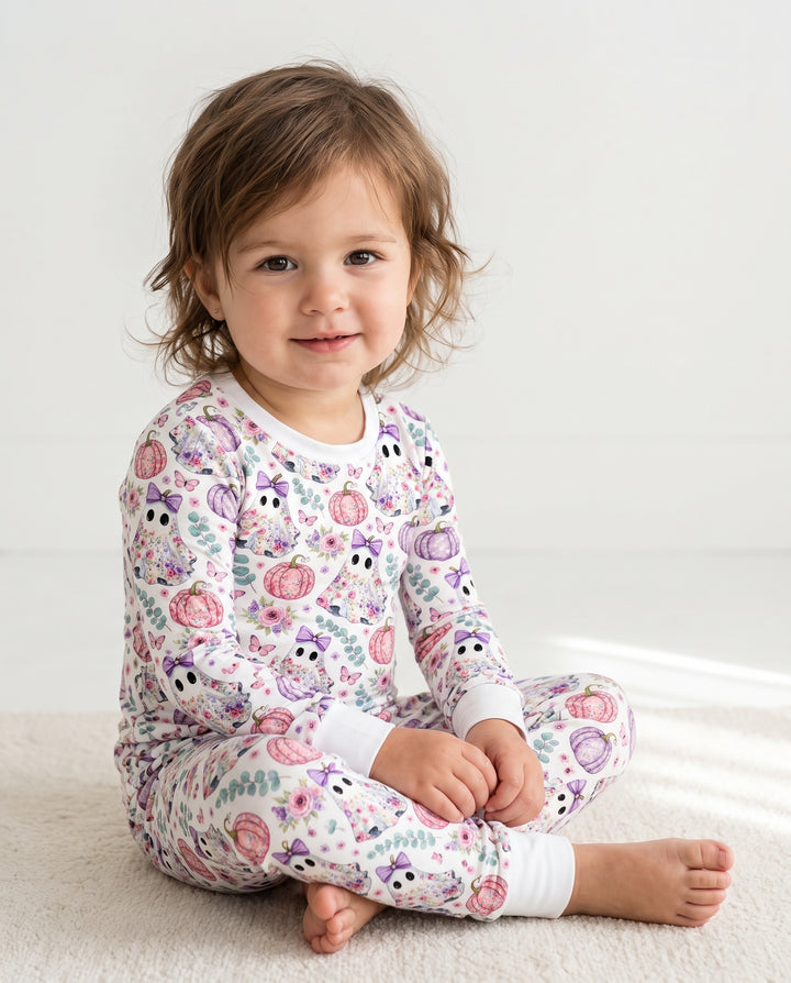 Floral Ghost & Pumpkin Garden Bamboo Two Piece Long Sleeve Pajama Set