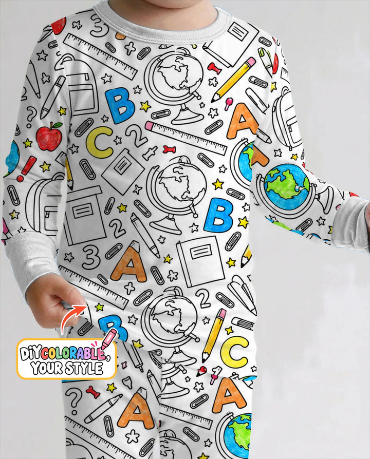 Back to School Doodle Supplies Colorable Bamboo Two Piece Long Sleeve Pajama Set