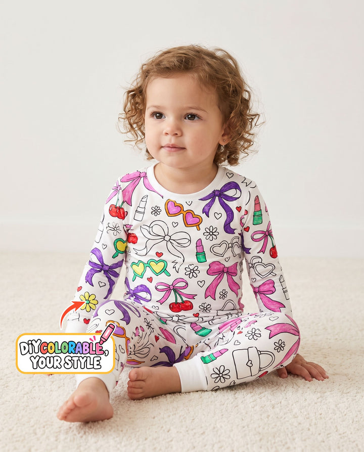 Girly Bows & Cherries Doodles Colorable Bamboo Two Piece Long Sleeve Pajama Set