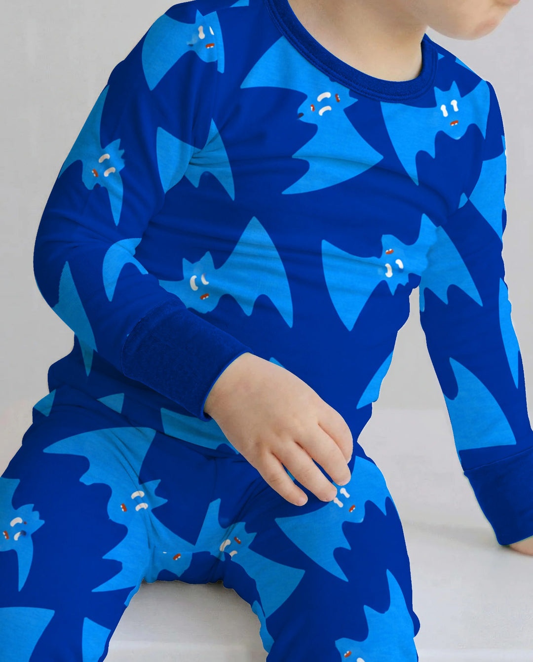 Glow In The Dark Electric Blue Bat Toss Bamboo Two Piece Long Sleeve Pajama Set