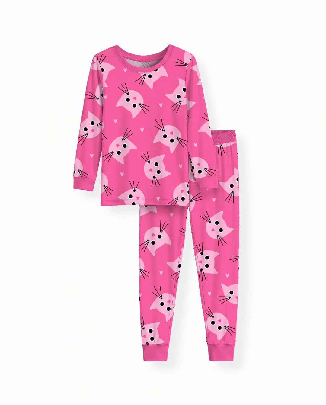 Glow In The Dark Pink Kitty Heart Toss Bamboo Two Piece Long Sleeve Pajama Set