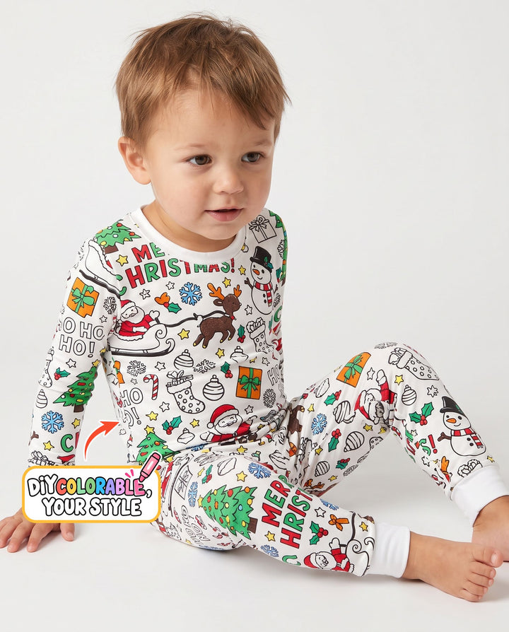Merry Christmas Doodle Party Colorable Bamboo Two Piece Long Sleeve Pajama Set