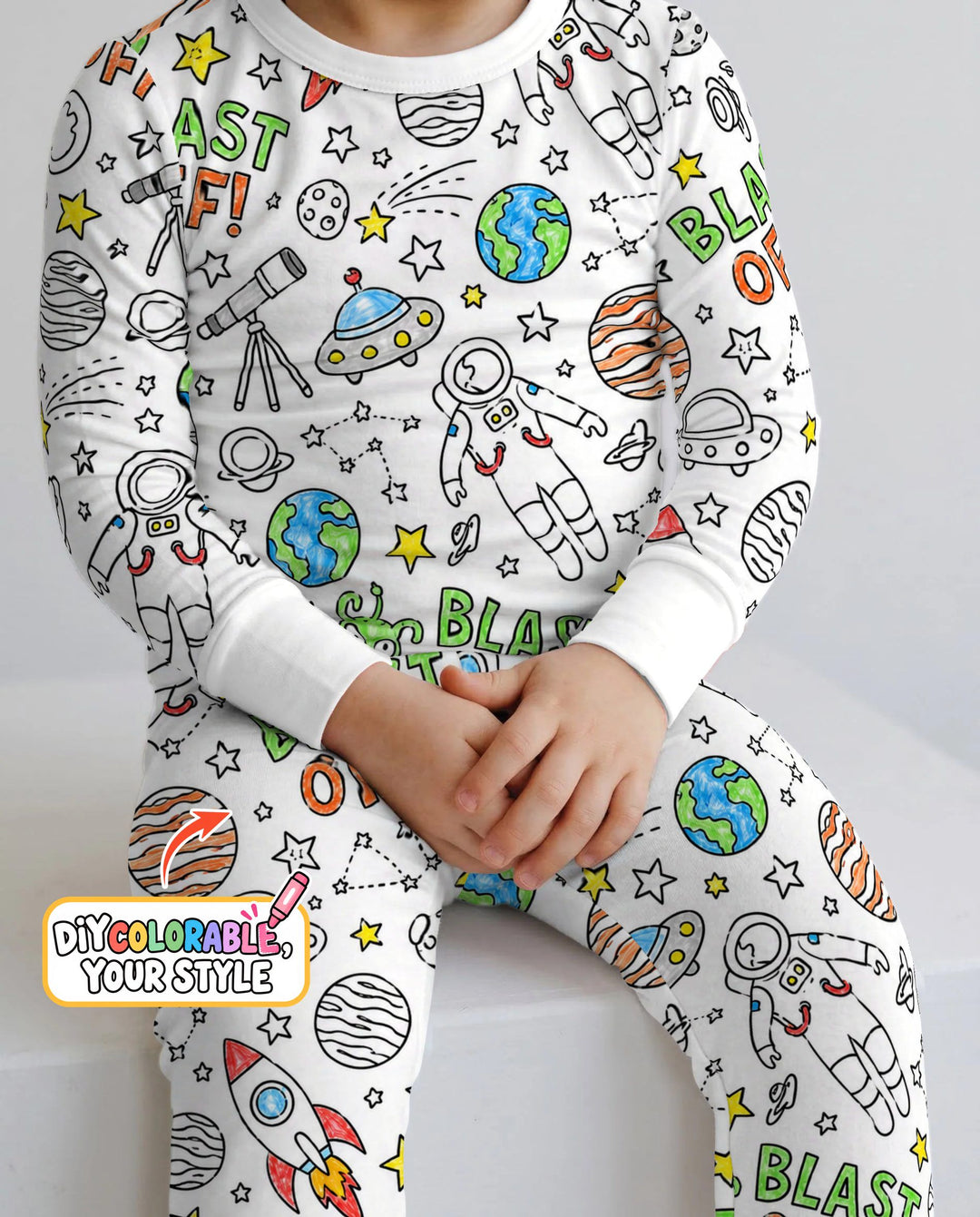 Blast Off Space Adventure Colorable Bamboo Two Piece Long Sleeve Pajama Set