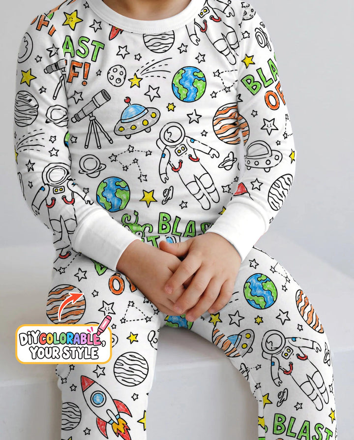 Blast Off Space Adventure Colorable Bamboo Two Piece Long Sleeve Pajama Set