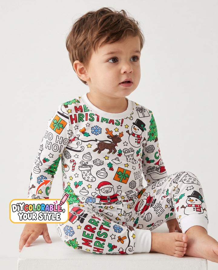 Merry Christmas Doodle Party Colorable Bamboo Two Piece Long Sleeve Pajama Set