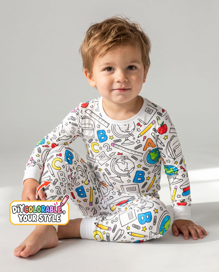 Back to School Doodle Supplies Colorable Bamboo Two Piece Long Sleeve Pajama Set