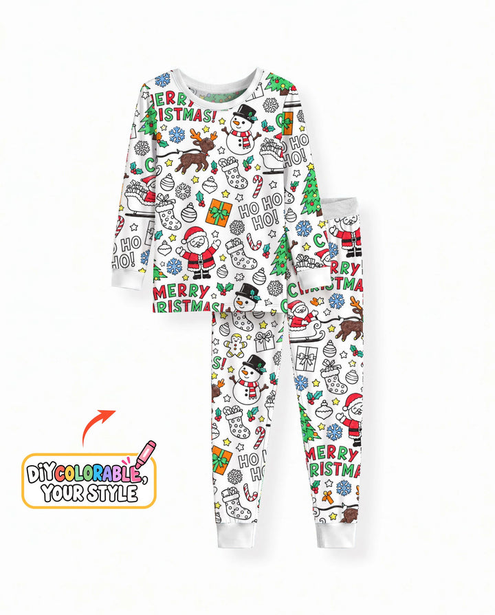 Merry Christmas Doodle Party Colorable Bamboo Two Piece Long Sleeve Pajama Set