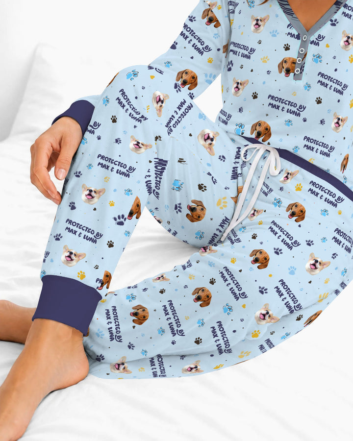 Custom Dog Photos "Protected By" Pawfect Blue Bamboo Women Pajama Set