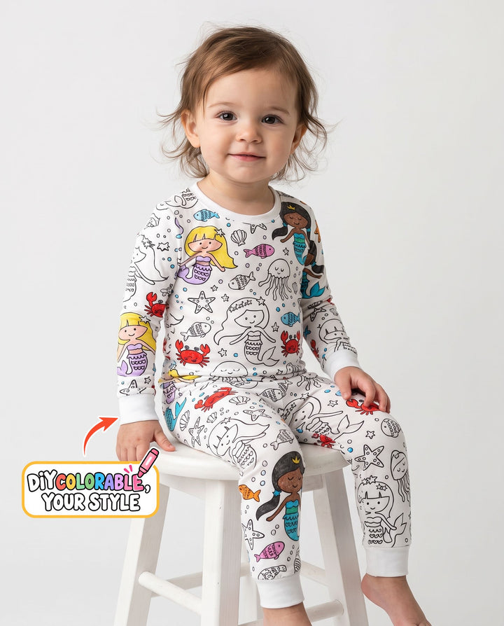 Under the Sea Mermaid Doodles Colorable Bamboo Two Piece Long Sleeve Pajama Set