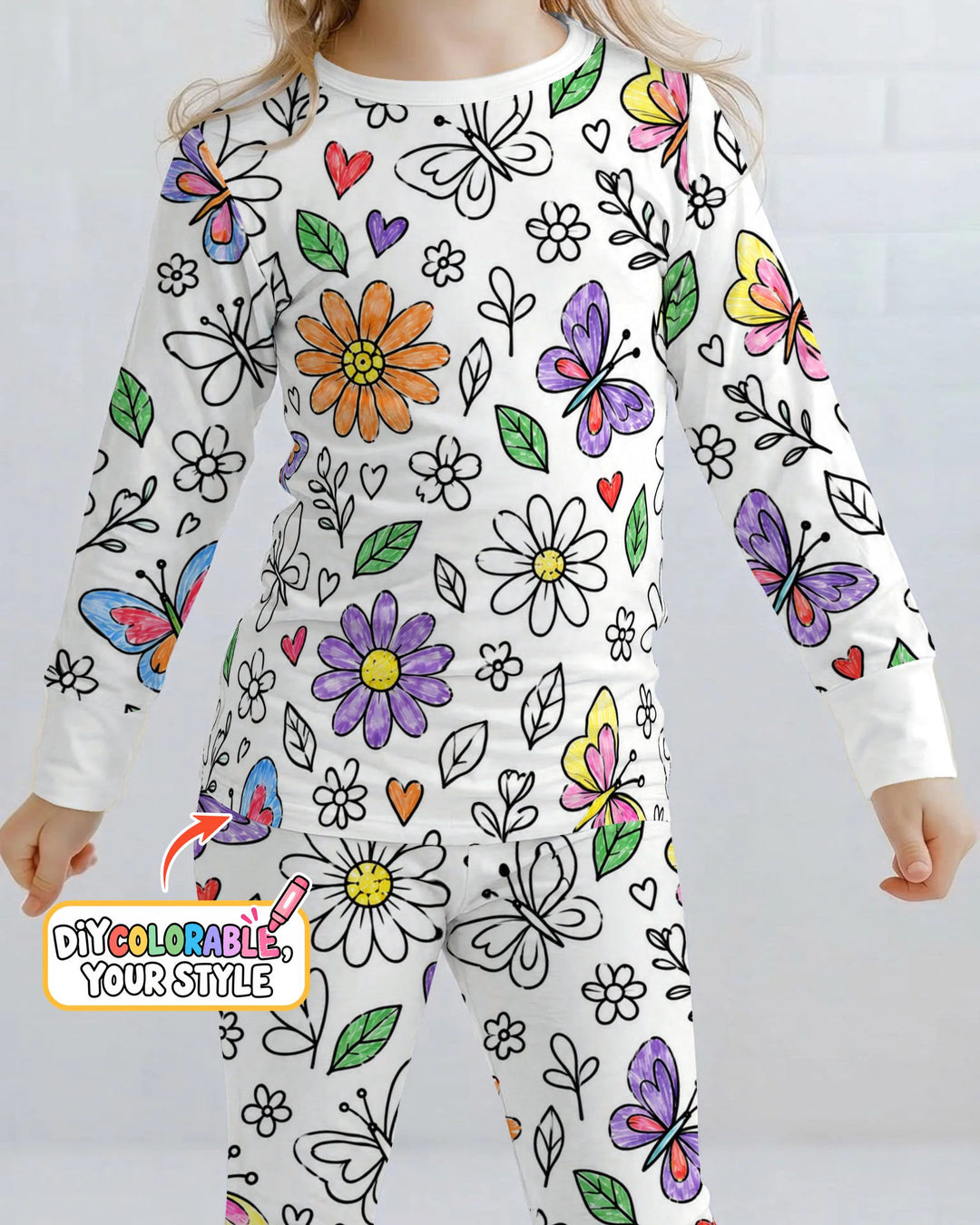 Butterfly Daisy Garden Doodles Colorable Bamboo Two Piece Long Sleeve Pajama Set