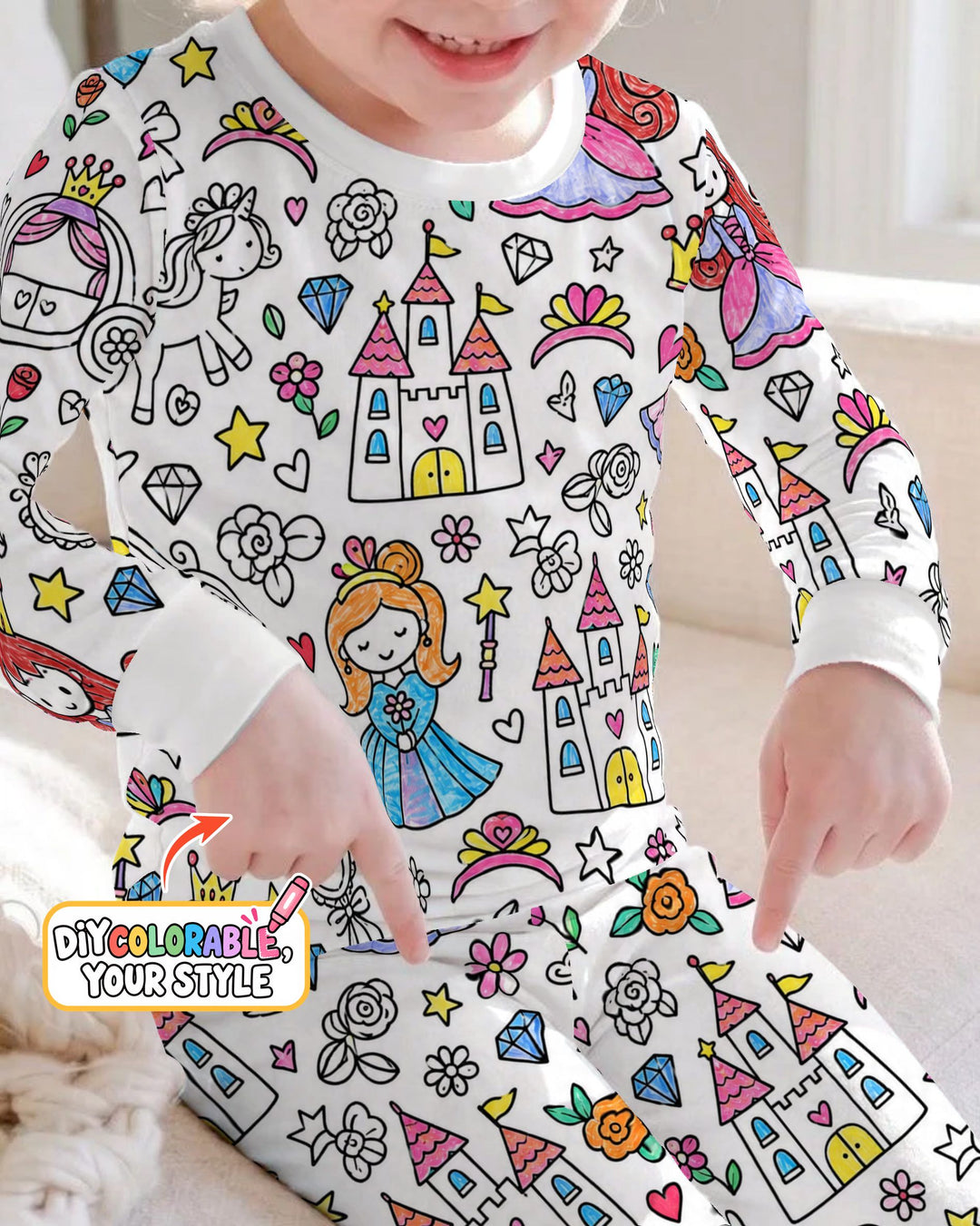 Princess Fairytale Kingdom Colorable Bamboo Two Piece Long Sleeve Pajama Set