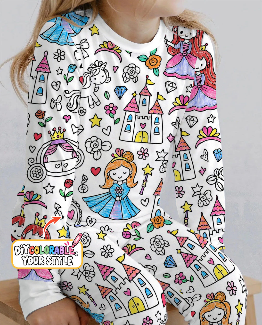 Princess Fairytale Kingdom Colorable Bamboo Two Piece Long Sleeve Pajama Set