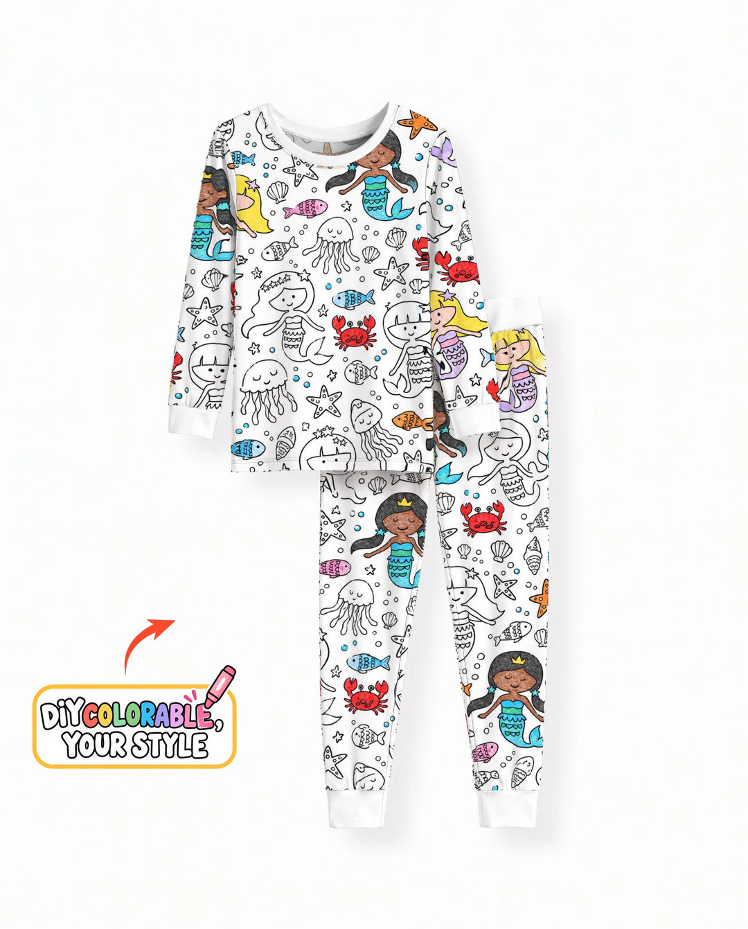 Under the Sea Mermaid Doodles Colorable Bamboo Two Piece Long Sleeve Pajama Set
