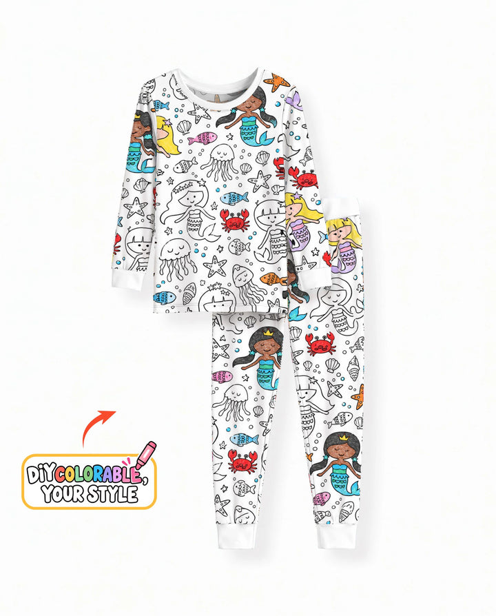 Under the Sea Mermaid Doodles Colorable Bamboo Two Piece Long Sleeve Pajama Set