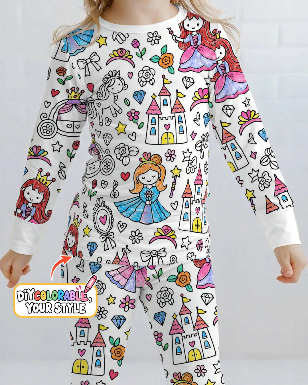Princess Fairytale Kingdom Colorable Bamboo Two Piece Long Sleeve Pajama Set