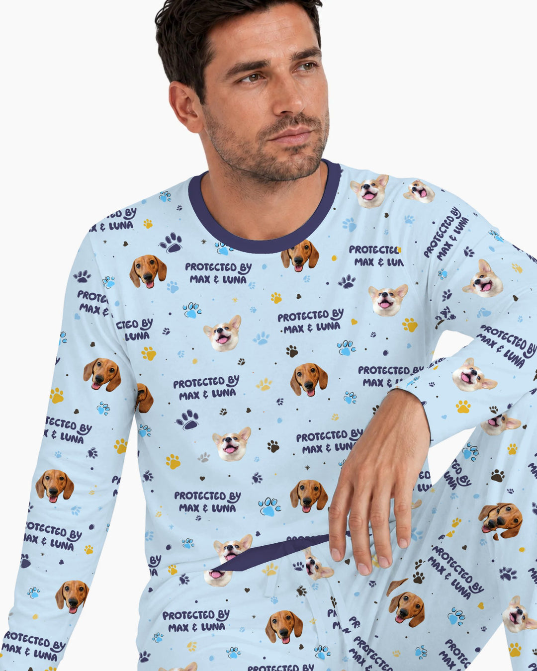 Custom Dog Photos "Protected By" Pawfect Blue Bamboo Men's Pajama Set