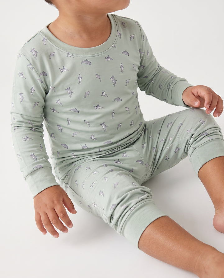Seafoam Dolphin Dance Bamboo Two Piece Long Sleeve Pajama Set