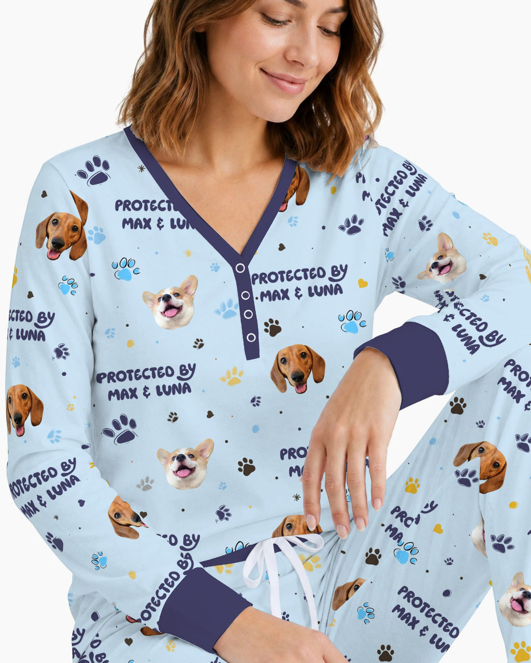 Custom Dog Photos "Protected By" Pawfect Blue Bamboo Women Pajama Set