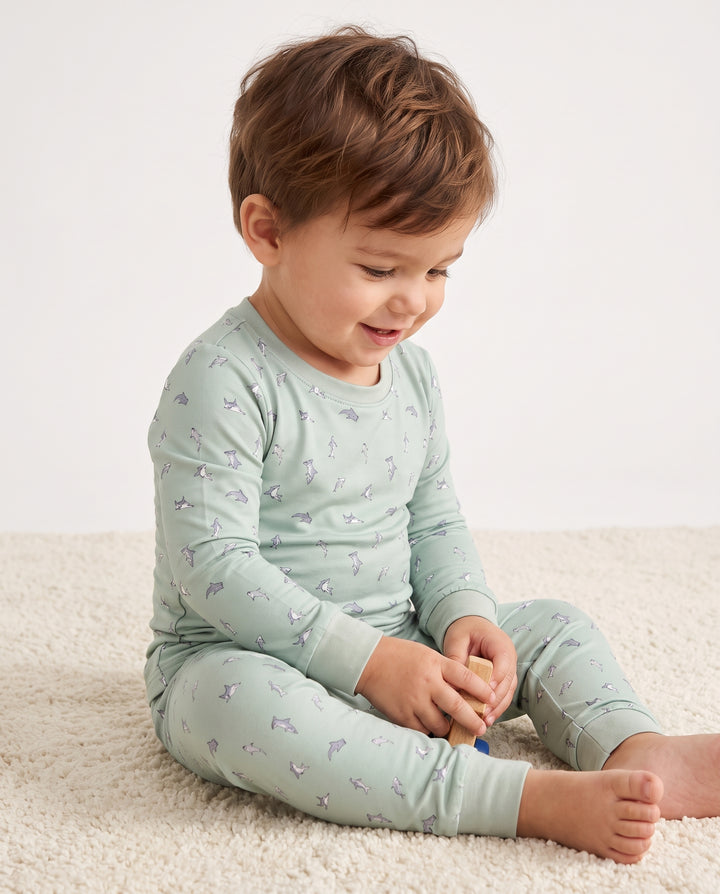 Seafoam Dolphin Dance Bamboo Two Piece Long Sleeve Pajama Set