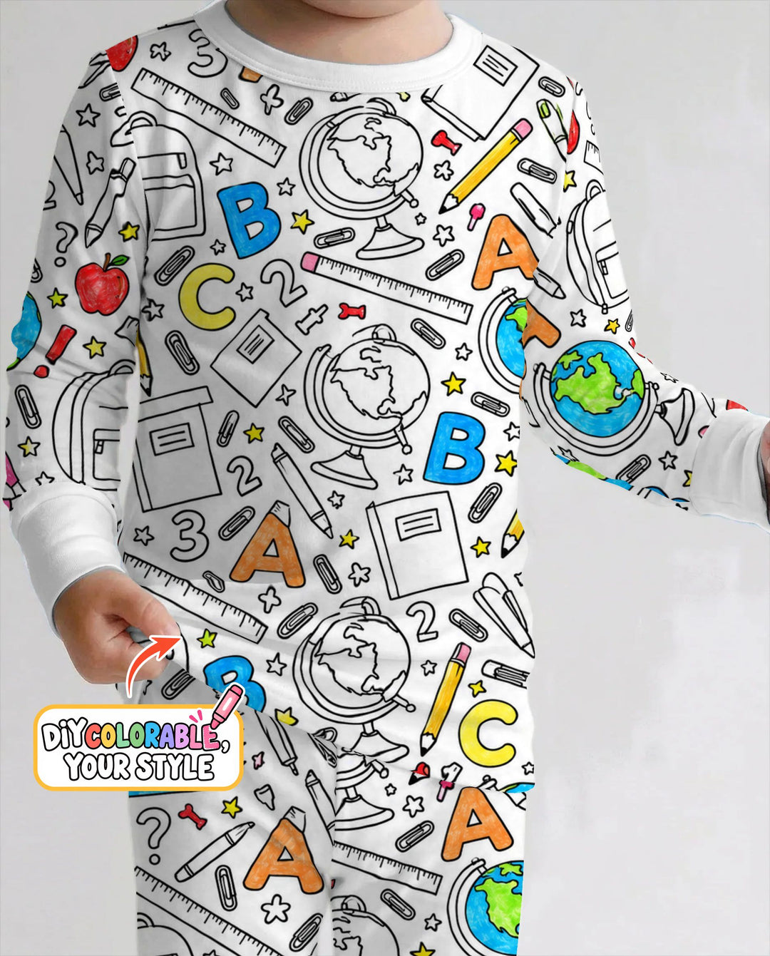 Back to School Doodle Supplies Colorable Bamboo Two Piece Long Sleeve Pajama Set