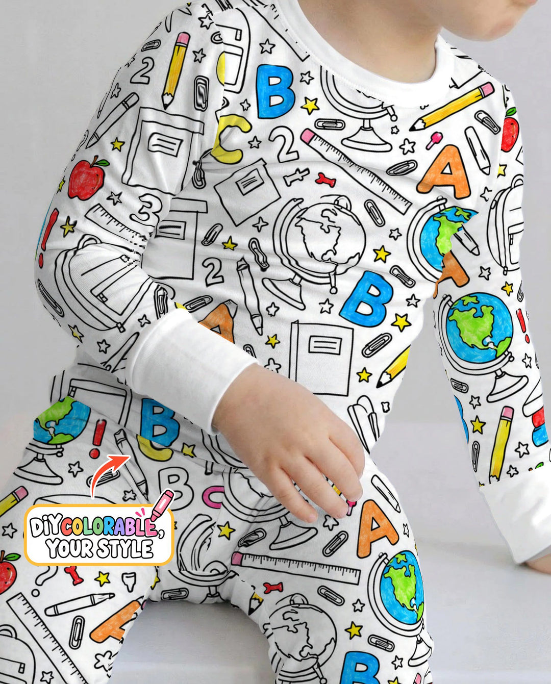Back to School Doodle Supplies Colorable Bamboo Two Piece Long Sleeve Pajama Set