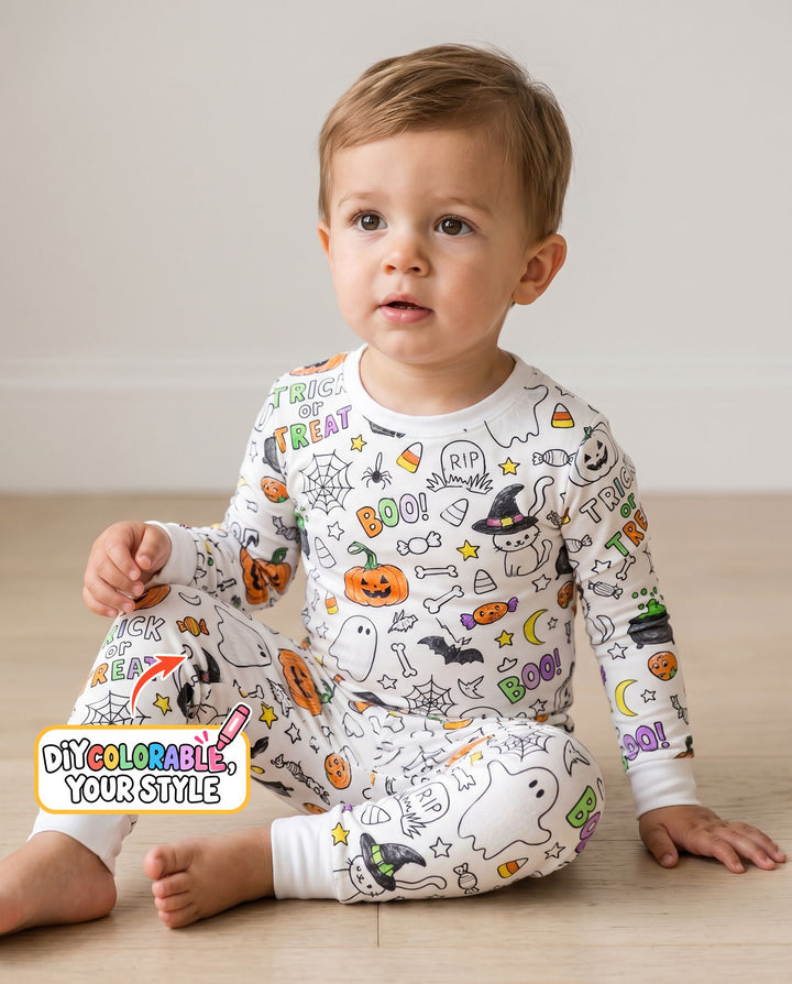 Trick or Treat Halloween Doodles Colorable Bamboo Two Piece Long Sleeve Pajama Set