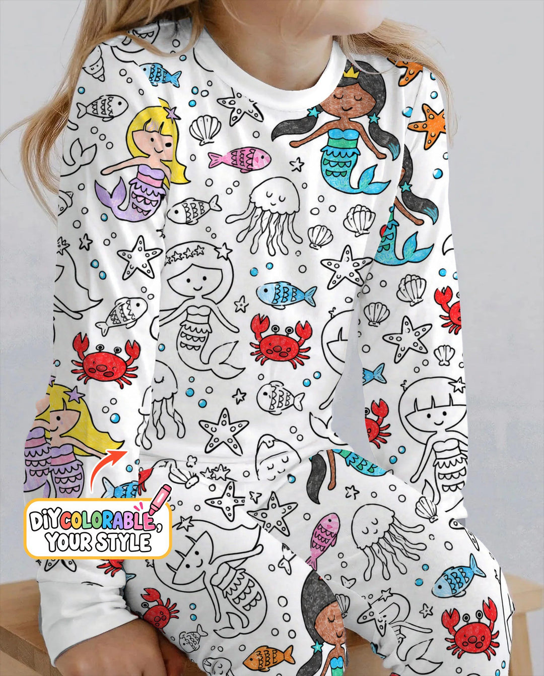 Under the Sea Mermaid Doodles Colorable Bamboo Two Piece Long Sleeve Pajama Set