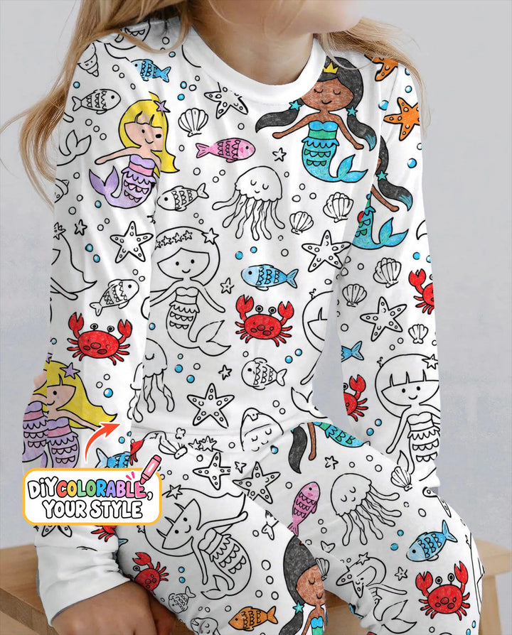Under the Sea Mermaid Doodles Colorable Bamboo Two Piece Long Sleeve Pajama Set